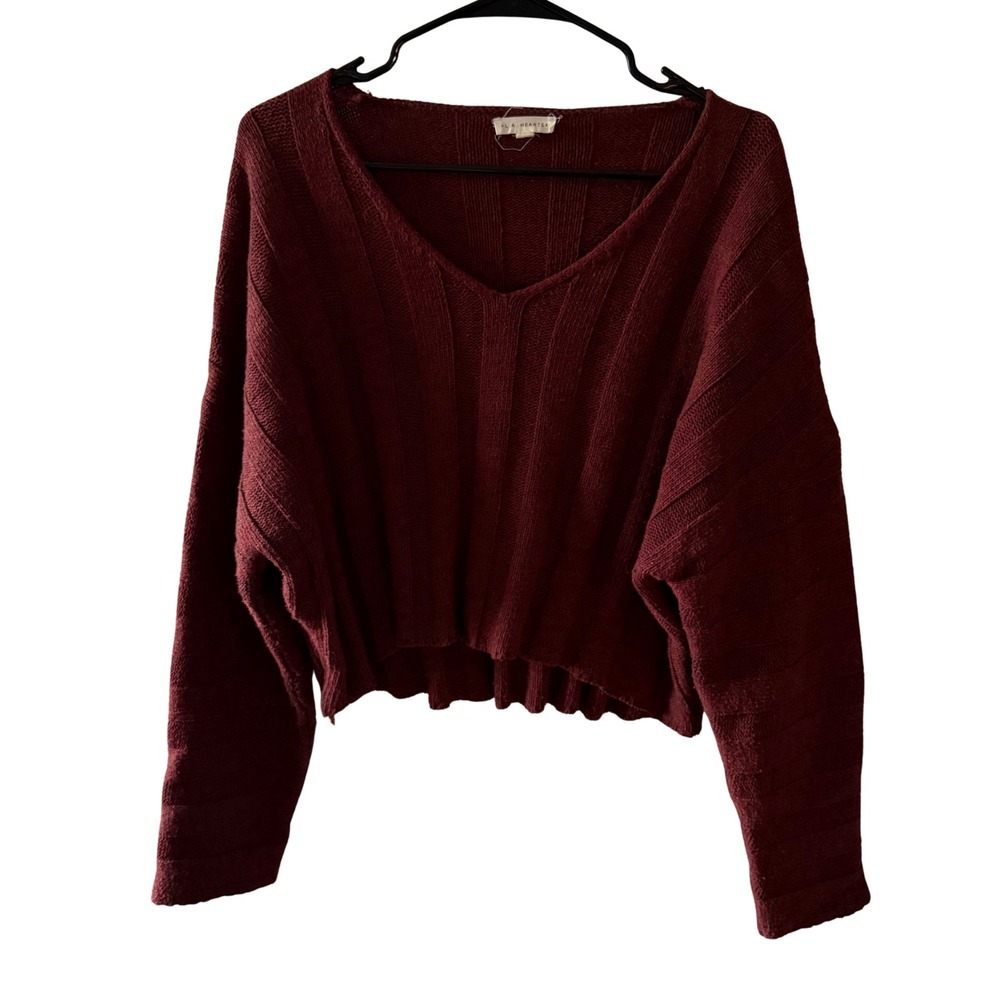 LA Hearts Womens Burgundy Ribbed Cropped V-Neck Wool Blend Sweater Medium